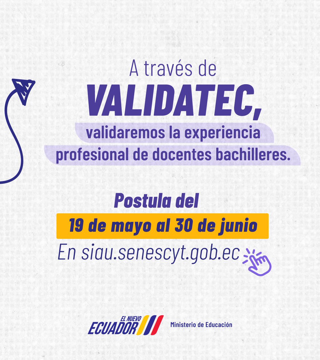 Educacion_Ec's tweet photo. ¡Postula a #ValidaTec!

📢 ¿Eres docente del Magisterio Fiscal Ecuatoriano y no has obtenido título de 3er nivel?

Tu experiencia puede ser reconocida con un título técnico-tecnológico en Educación Inicial.

🗓️ Tienes del 19 de mayo al 30 de junio

🔗 En 👉 https://t.co/vVR0Y0xEeS

#ElNuevoEcuador