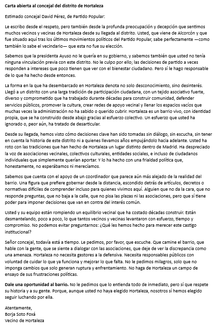Carta abierta al concejal del distrito de #Hortaleza Don David Pérez García <a href="/davidperez/">𝔻𝕒𝕧𝕚𝕕 ℙ𝕖𝕣𝕖𝕫 𝔾𝕒𝕣𝕔𝕚𝕒</a> del Partido Popular de Madrid. <a href="/ppmadrid/">PP Comunidad de Madrid</a>