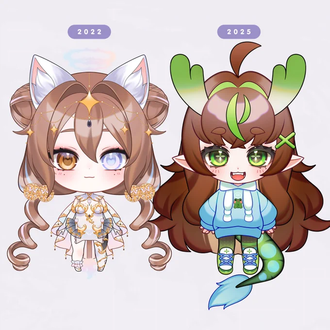 side-by-side comparison of the said style update!currently in squishy and simple chibi model era  