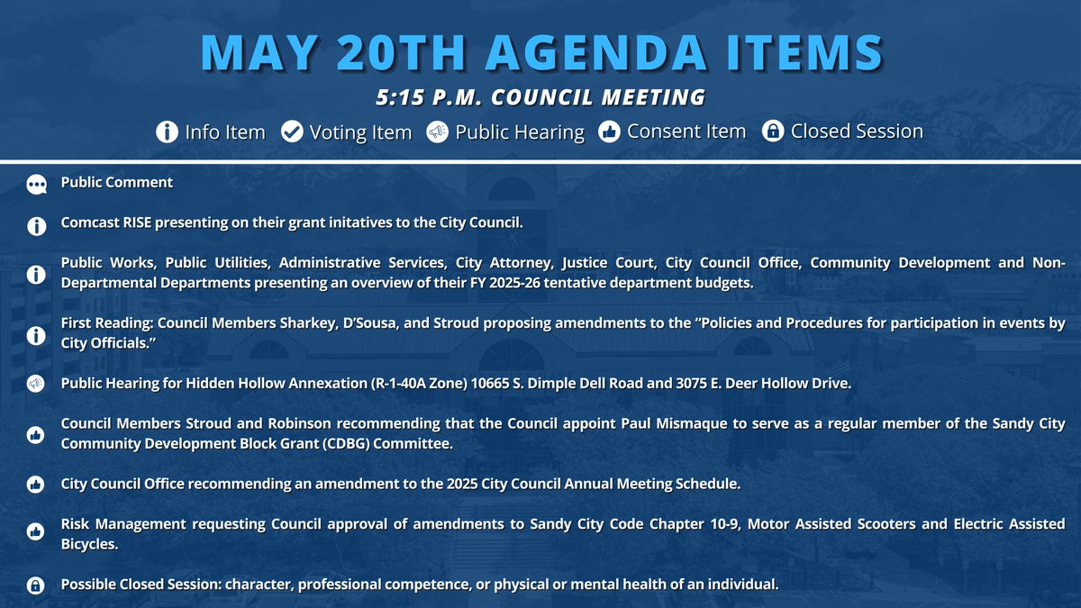 Who's joining us for tomorrow's City Council Meeting? Check on the items on the May 20th's agenda. 

You can read the full agenda here: tinyurl.com/2tp2ekcc

If you are planning on joining us on Zoom, register ahead of time here: bit.ly/SandyCouncilMe…
