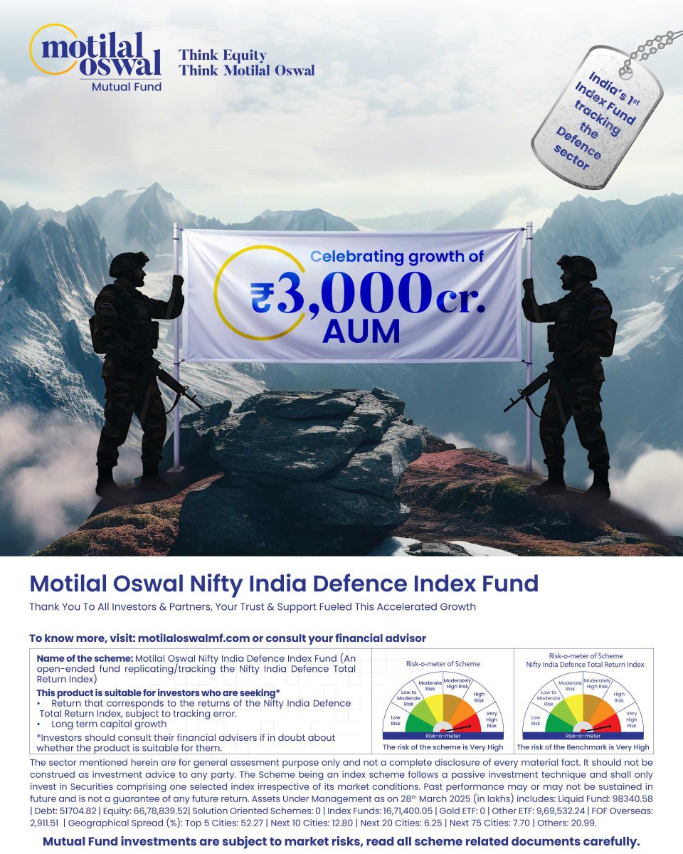MotilalOswalAMC's tweet photo. India’s 1st index based fund tracking the defence sector’s potential is now bigger than ever.
Rising exports, policy support, and global interest, continues to help our defence ecosystem scale up fast.
Participate now: https://t.co/ETE5G8o3sg
#DefenceFund #IndexFund https://t.co/EgjMMcFd1K