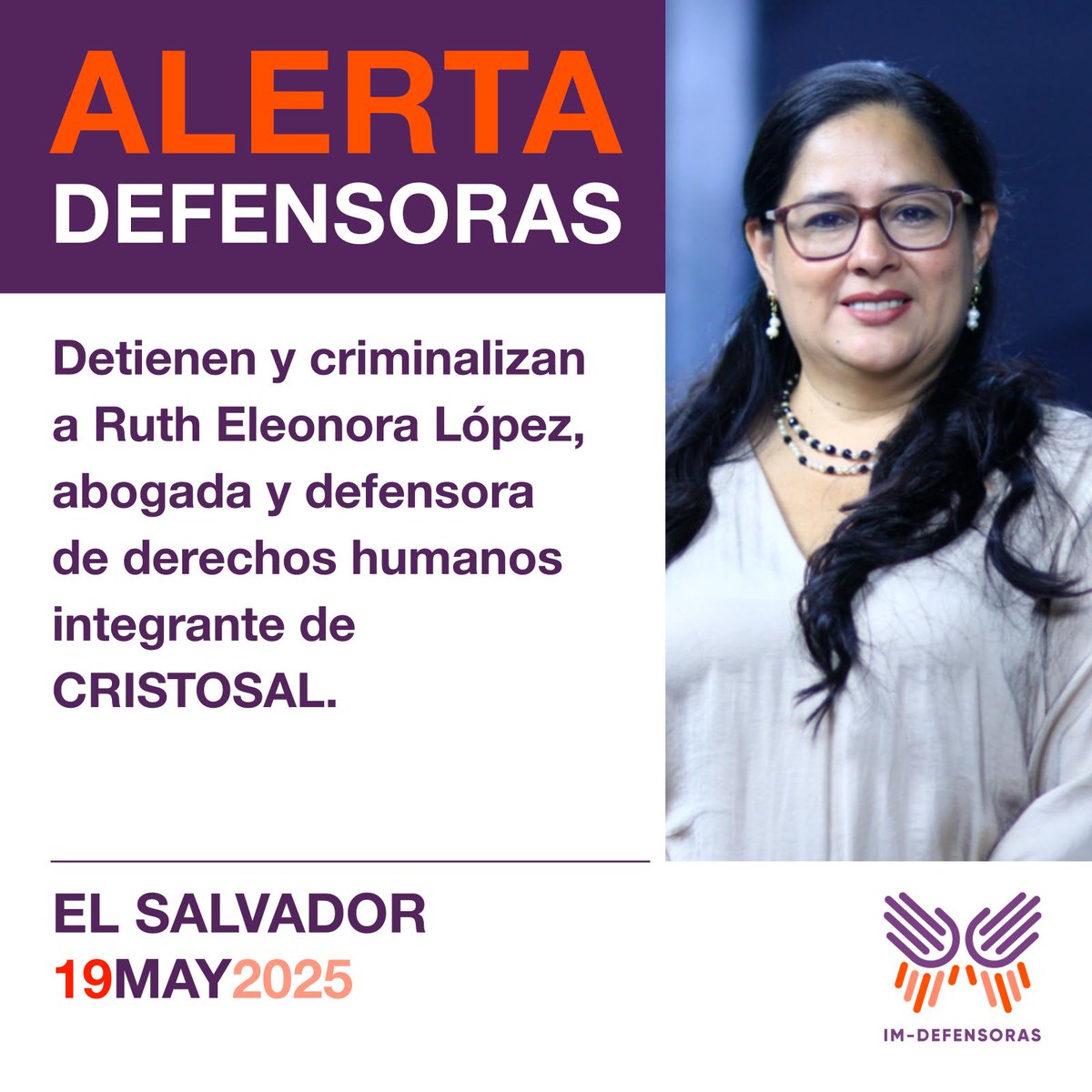 📢🚨⚠️#AlertaDefensoras EL SALVADOR / Detienen y criminalizan a Ruth Eleonora López, abogada y defensora de derechos humanos integrante de <a href="/Cristosal/">Cristosal</a>.
📌Más información👉🏾t.me/AlertaDefensor…