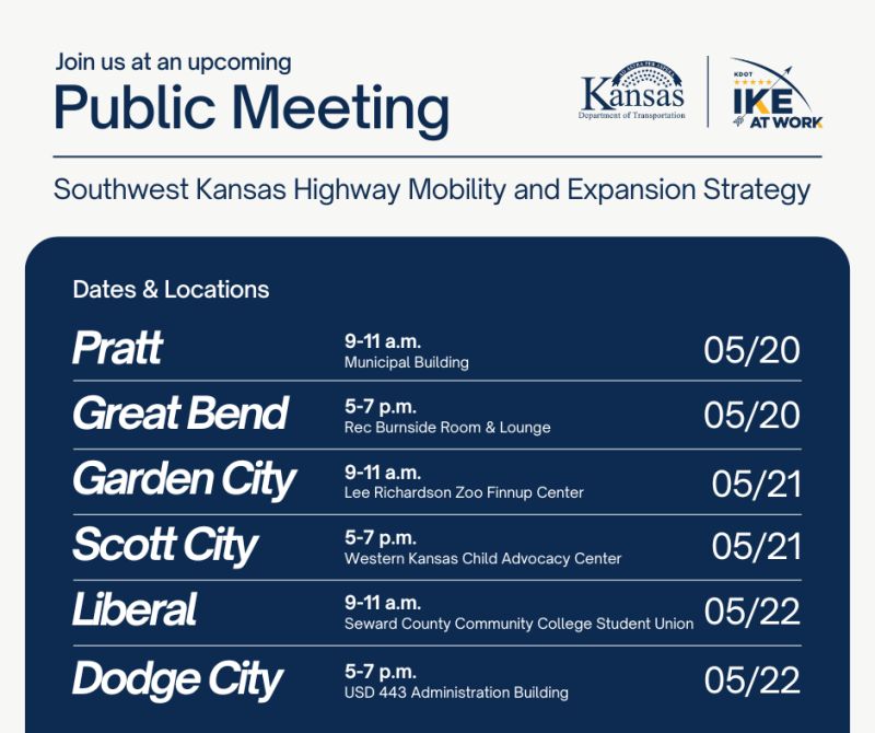 KDOT is hosting another round of public meetings for the Southwest Kansas Highway Mobility and Expansion Strategy!

📍 Full meeting details and locations: ksdot.gov/projects/south…
🗓 Comment period open online May 20–June 3, 2025