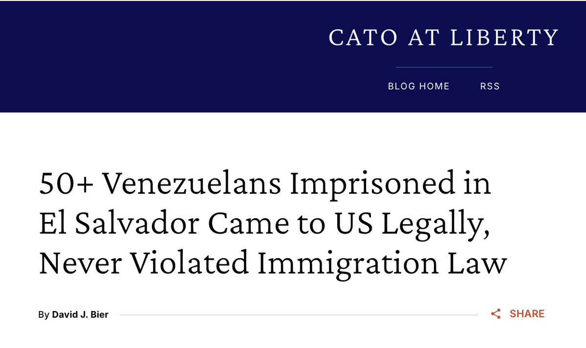 David_J_Bier's tweet image. Cato published my review of the ~240 Venezuelans the US government renditioned 2 months ago to Salvador’s notorious prison. We identified FIFTY who came legally, never violated any immigration law, but are imprisoned at the US government’s request and at US taxpayer expense.