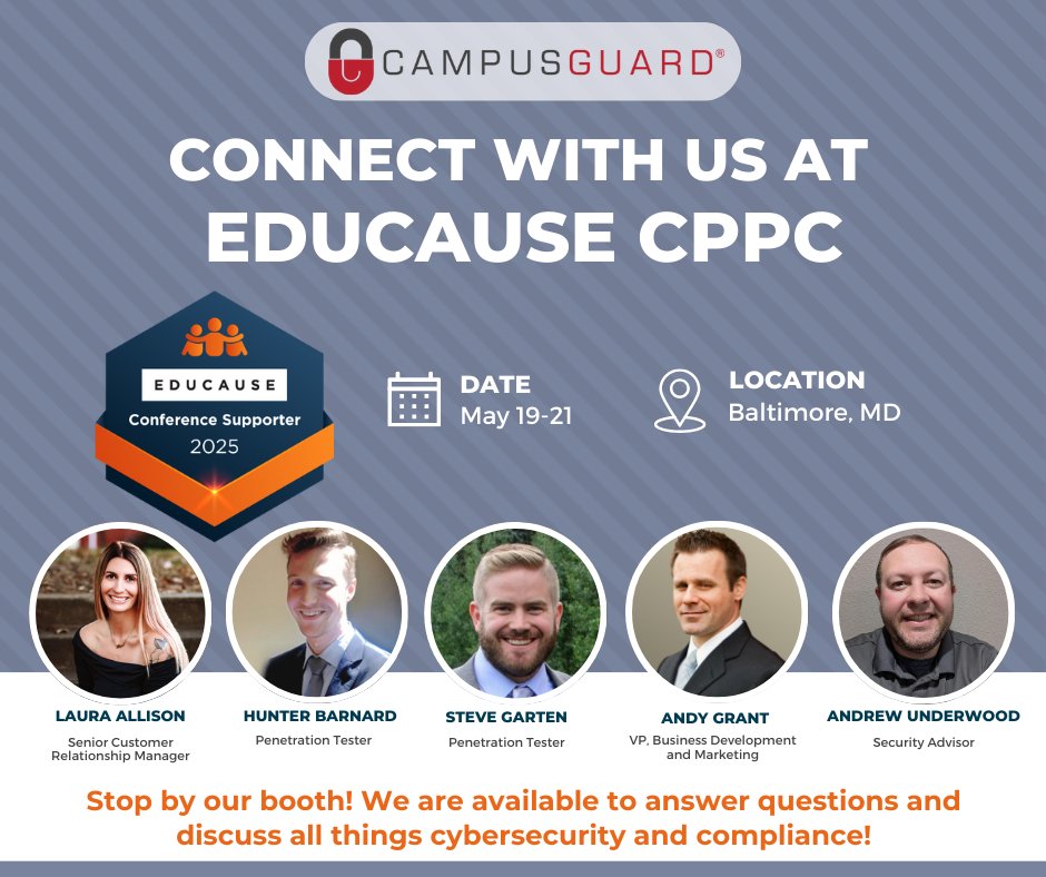 Campusguardmps's tweet photo. We're attending the EDUCAUSE CPPC Conference this week and want to connect with you! Join us for our session, "The Campus Shield: Strengthening Security on a Budget," on 5/20, from 1:30 –2:15 p.m. ET. We look forward to seeing you there! #cybersecprivacy25 #highereducation https://t.co/dCwzw8jjYi