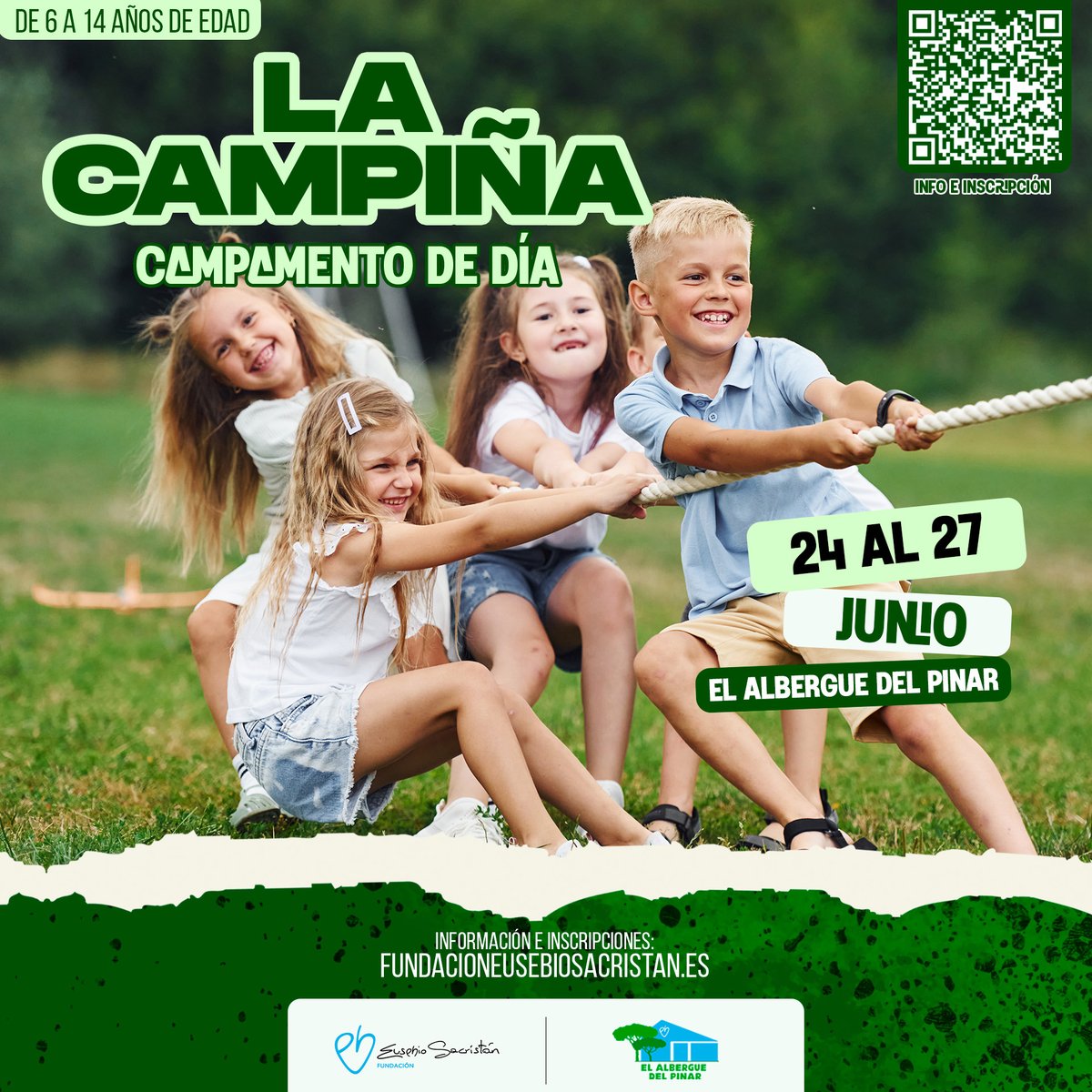 🌳La Fundación Eusebio Sacristán lanza La Campiña, su primer campamento en El Albergue del Pinar y en la zona Espacio Joven Pinar para niños, niñas y adolescentes entre 6 y 14 años,  del 24 al 27 de junio.  

🌞Días de diversión, naturaleza y nuevas amistades, con actividades