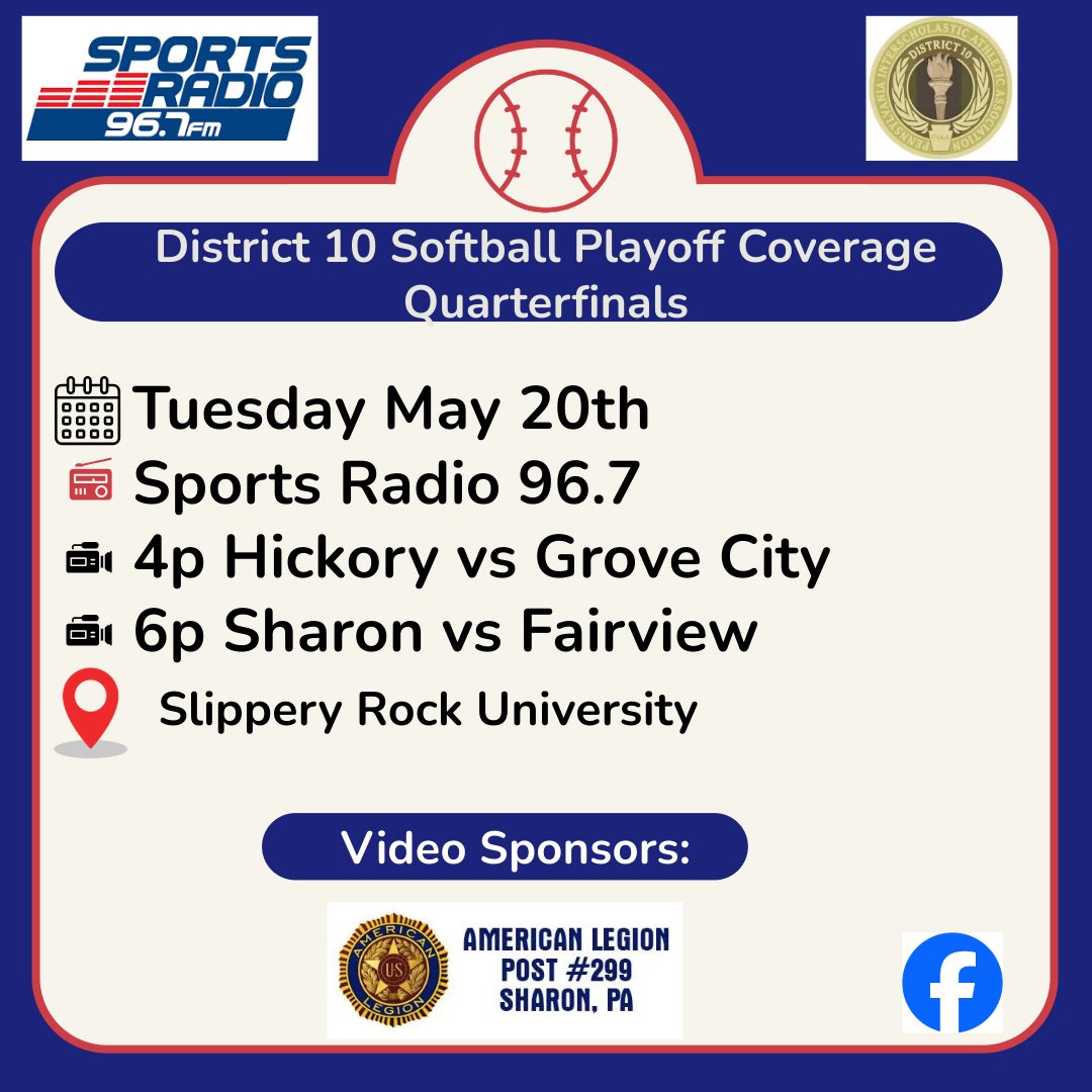 BREAKING:
We will have live radio and video coverage of the Tuesday D10 Softball playoff double header from SRU!
Thanks to Sharon American Legion!
<a href="/HickorySoftball/">Hickory Hornets Softball</a> <a href="/sharonsoftball/">Sharon Tigers Softball</a> <a href="/_GCHSsoftball/">GC Softball</a>