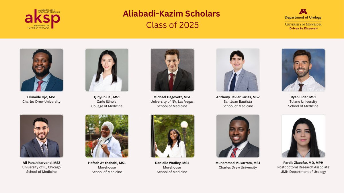 Please welcome our 2025 Aliabadi-Kazim Scholars Program cohort! Throughout the week, these scholars will join our physicians in the clinic, shadow ORs, and attend learning sessions and social events. Learn more about AKSP: z.umn.edu/a5hc
#UMNUrology #medschool #urology