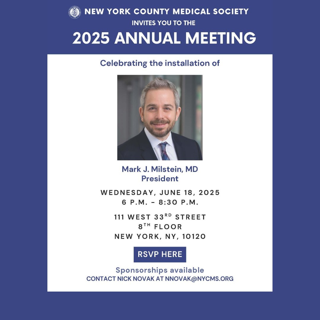 Medical Society NY (@medsocietynys) on Twitter photo Don’t miss the <a href="/NYCmedsociety/">New York County Medical Society</a> Annual Meeting on Wednesday, June 18—an evening to connect with colleagues and celebrate incoming President, Mark Milstein, MD, FAAN, along with the 2025–2026 Officers and Directors. | RSVP ow.ly/5bbB50VV4le Don’t miss the <a href="/NYCmedsociety/">New York County Medical Society</a> Annual Meeting on Wednesday, June 18—an evening to connect with colleagues and celebrate incoming President, Mark Milstein, MD, FAAN, along with the 2025–2026 Officers and Directors. | RSVP ow.ly/5bbB50VV4le