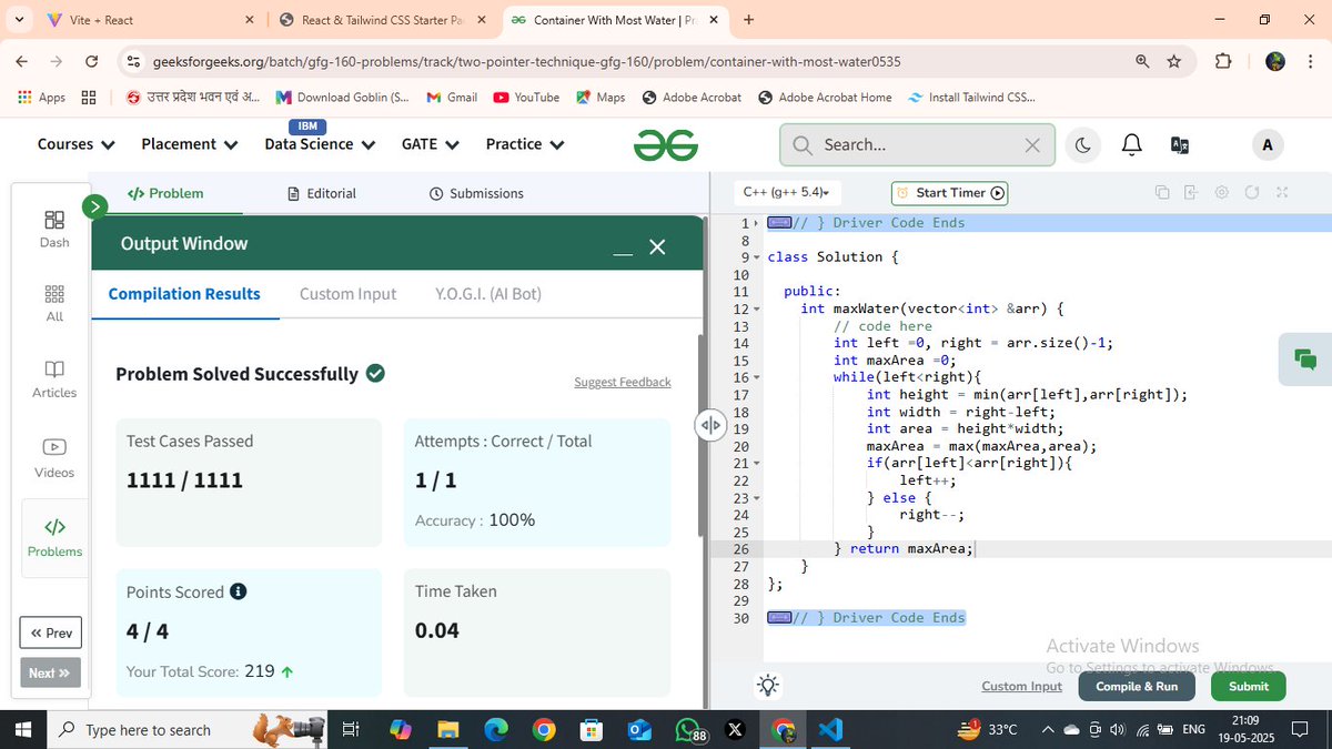 ashutosh_m03's tweet photo. Day 60 of my #GFG160DaysCodingChallenge ||| Container With Most Water!!! #gfg160 #geekstreak2025 #geeksforgeeks #160DaysOfCode
@geeksforgeeks https://t.co/i0vMMSYejH