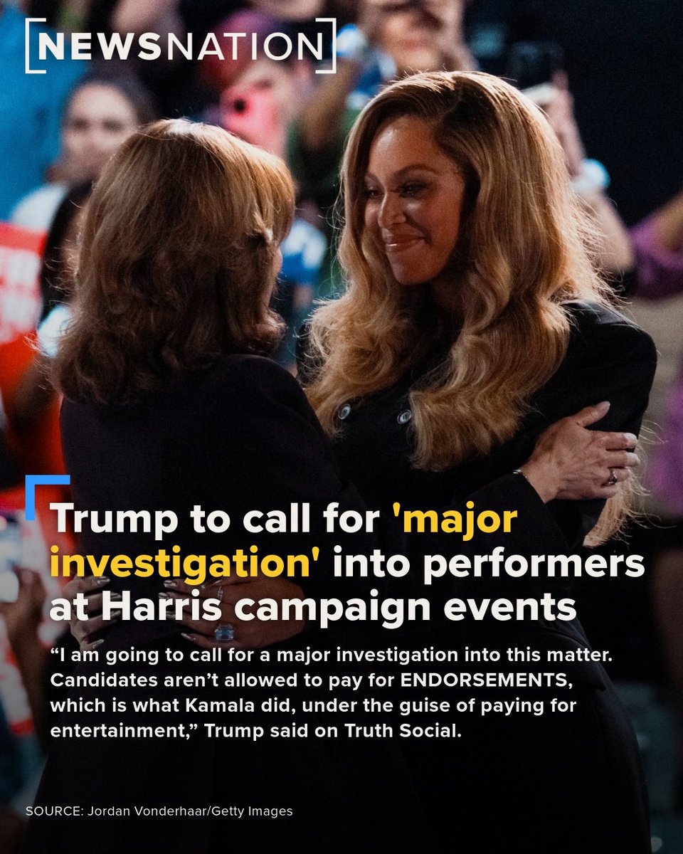 President Donald Trump said Monday he will call for a “major investigation” into why some celebrities lined up to support former Vice President Kamala Harris in the 2024 election, questioning if they were illegally paid for their endorsements.

More: newsnationnow.com/politics/trump…