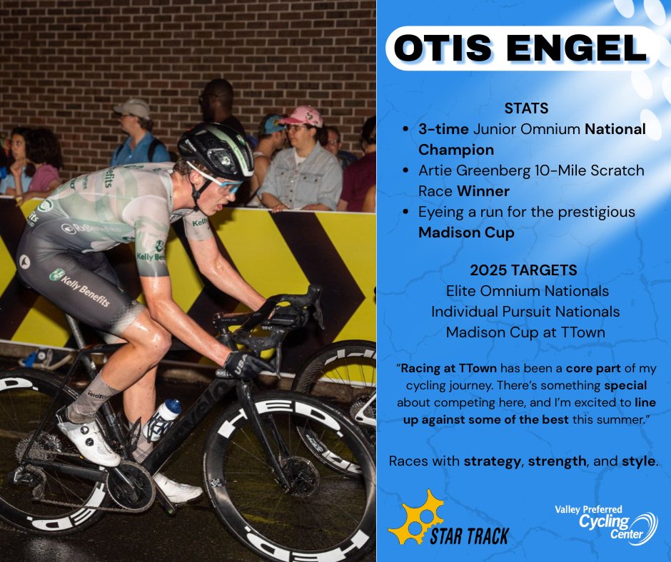 thevelodrome's tweet photo. He’s committed! 

We just got word that @otisengel, Star Track elite athlete and one of the nation’s top endurance talents, is officially racing T-Town Opening Night – May 30th!

Who will challenge Otis on Opening Night?
Rider commitments are rolling in — stay tuned for more. https://t.co/tZn5rf4AhF