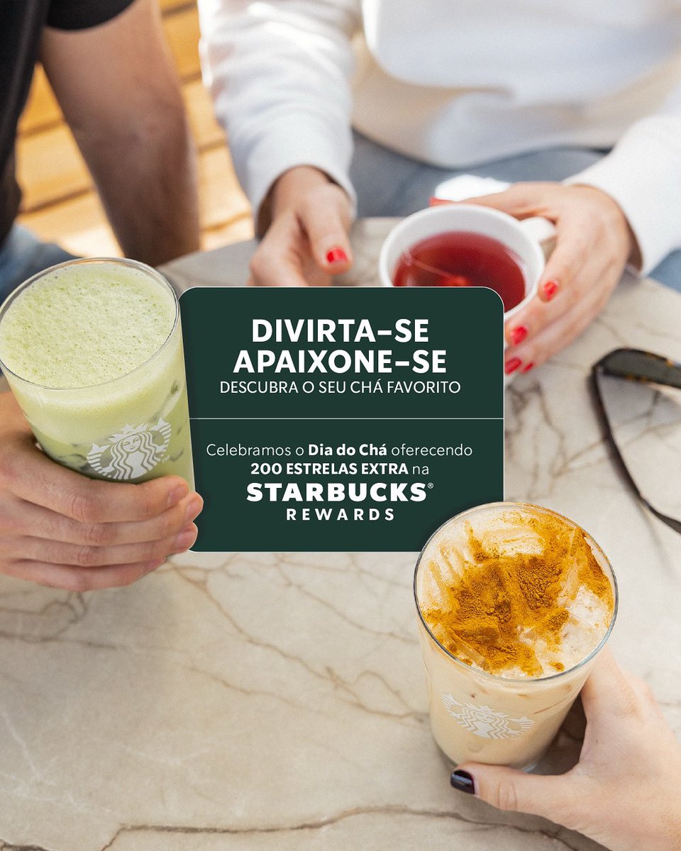 🫖BEBER CHÁ na #Starbucks esta semana tem um prémio: 🫖
 
⭐200 estrelas extra na Starbucks #Rewards na compra de cada bebida de #chá.
📅De 19 a 23 de maio.
 
Esperamos por si para celebrar na Semana do Chá! 👋
 
#Chá #Promo #Rewards #StarbucksRewards #Starbucks