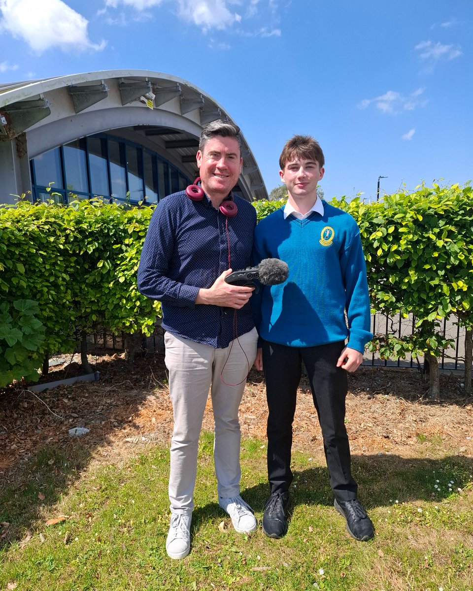 Tom Gleasure 5th Year interviewed today for Radio Kerry's 'Green Teens: Local Roots, Global Impact' upcoming series. Photographed with journalist Joe McGill.