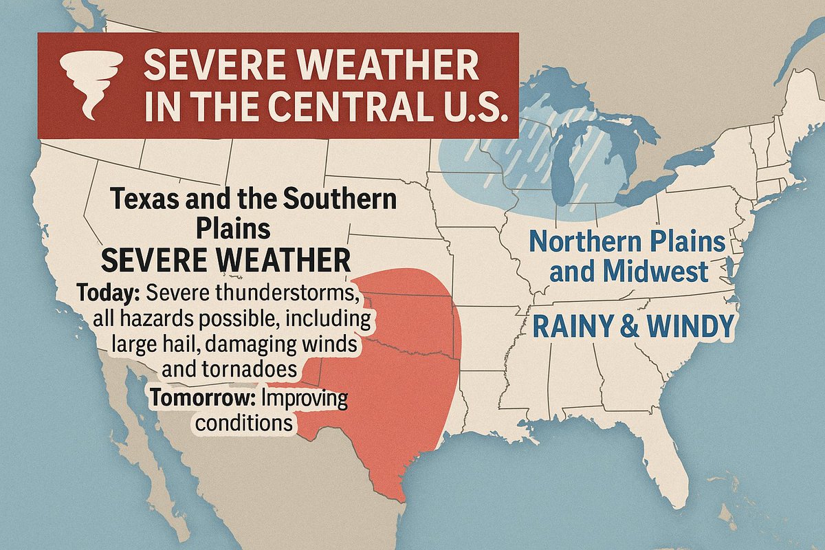 Severe Weather Update 🌪️🌧️ threats across the U.S. today &amp; tomorrow:🛑 TX &amp; S Plains: Tornadoes, giant hail, 70+ mph winds
🌬️ Midwest/N Plains: Windy, cold rain ✅Alerts/Stay safe. 
Our 24/7 Cust Serv Team is ready to assist before, during, &amp; after the storm.
866-537-6034
