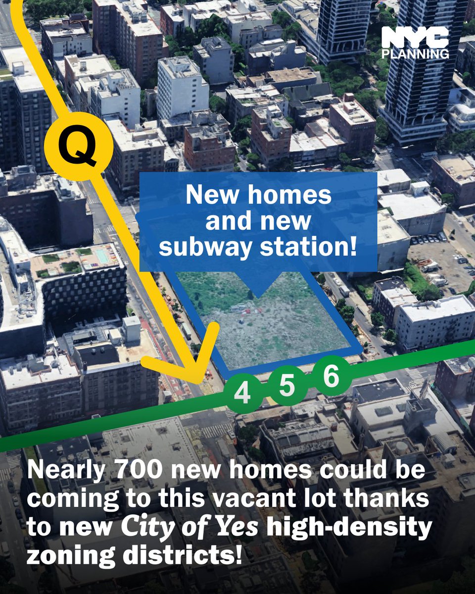 NYCPlanning's tweet photo. Vacant lot → 680 homes near transit

Join today’s City Planning Commission review session to learn how the @MTA is proposing to transform an empty lot into 680 homes above the future 2nd Ave Subway — made possible by new City of Yes zoning districts!

Tune in at 1 to learn more! https://t.co/UrFIKJ8jKg