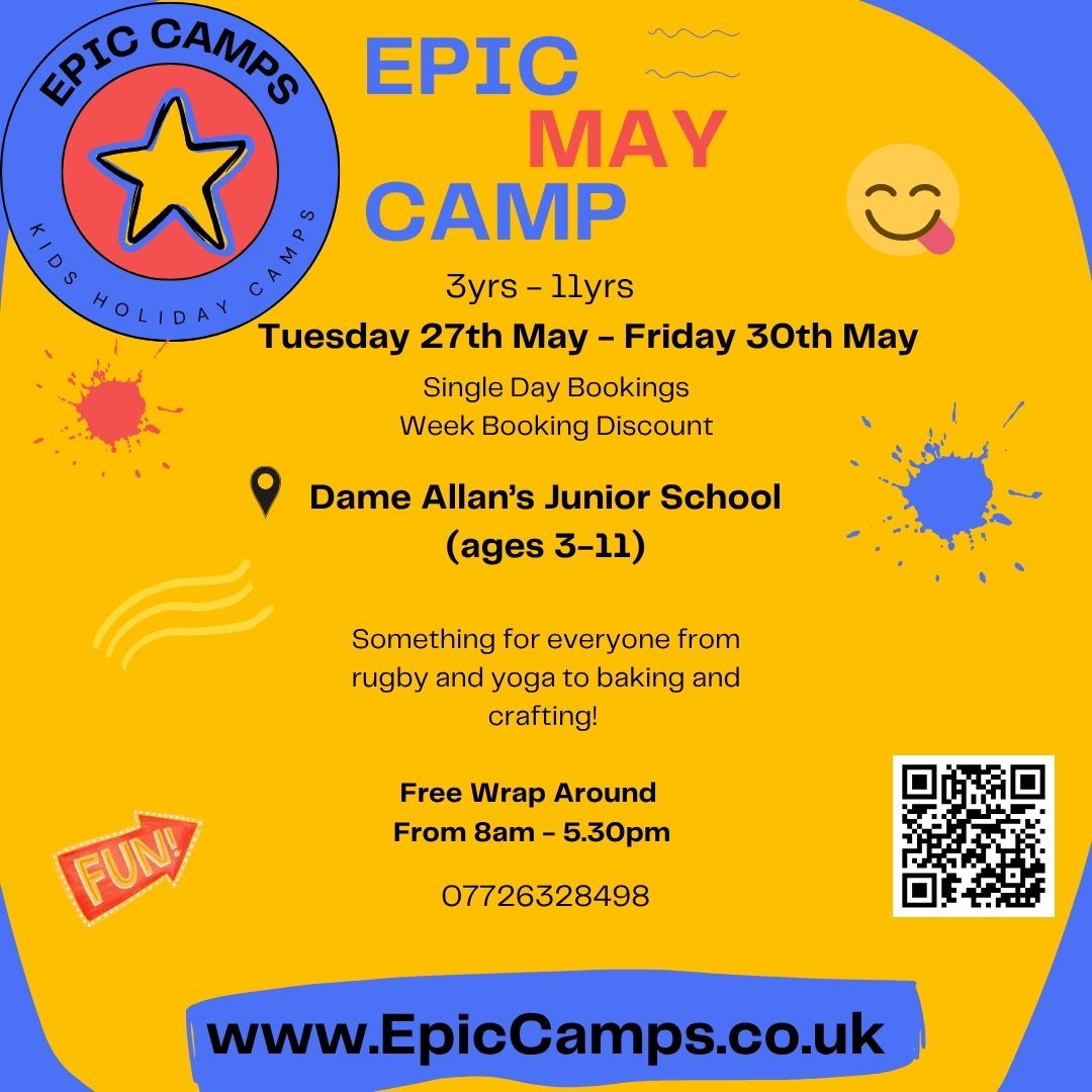 With May Half Term on the horizon, we are delighted to once again offer our families a fantastic holiday camp option via <a href="/EpicCampsuk/">Epic Camps UK</a> !
.
🎉 Tues 27 - Fri 30 May, 8am - 5.30pm (includes free wrap around care)
🧒3 - 11 year olds
💸From £34 a day
.
epiccamps.co.uk/book