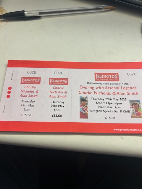 islingtonsport1's tweet photo. Get your tickets from behind the bar at #No1ArsenalPub #NorthLondonsPremierSportsBar or online using this link https://t.co/CpjIvCZbEV... #ArsenalLegends #charlienicholas #AlanSmith #ArsenalFC #gooners #hollowayroad #islington #holloway #highburyandislington https://t.co/DouWhY0cgS
