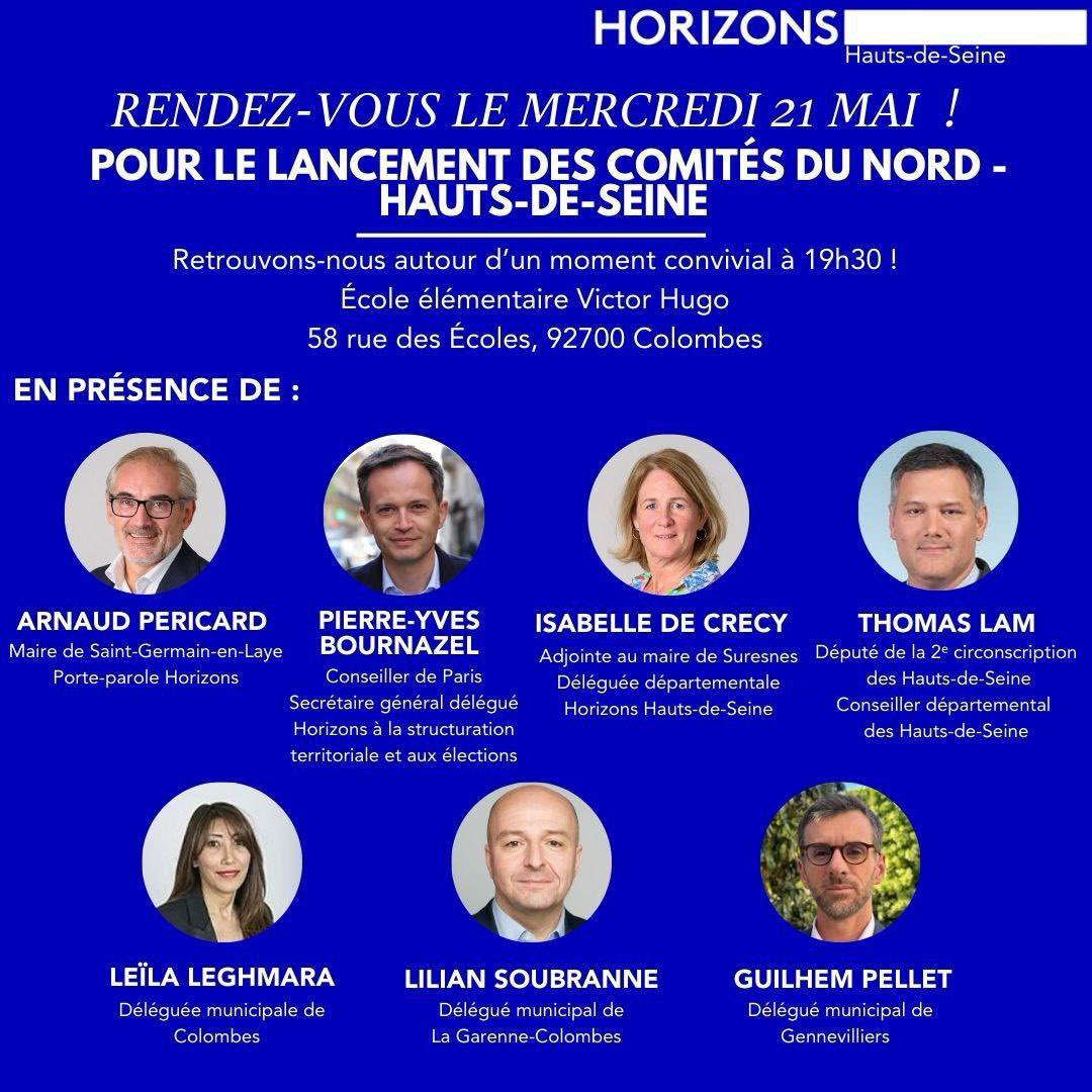 Lancement des comités <a href="/HorizonsLeParti/">Horizons</a>  de Colombes, La Garenne-Colombes et Genevilliers le 21 mai à 19h30 !
Venez rencontrer et échanger avec vos délégués ! 
Inscrivez-vous ⬇️
forms.gle/6js2w1c2bHVcjo…