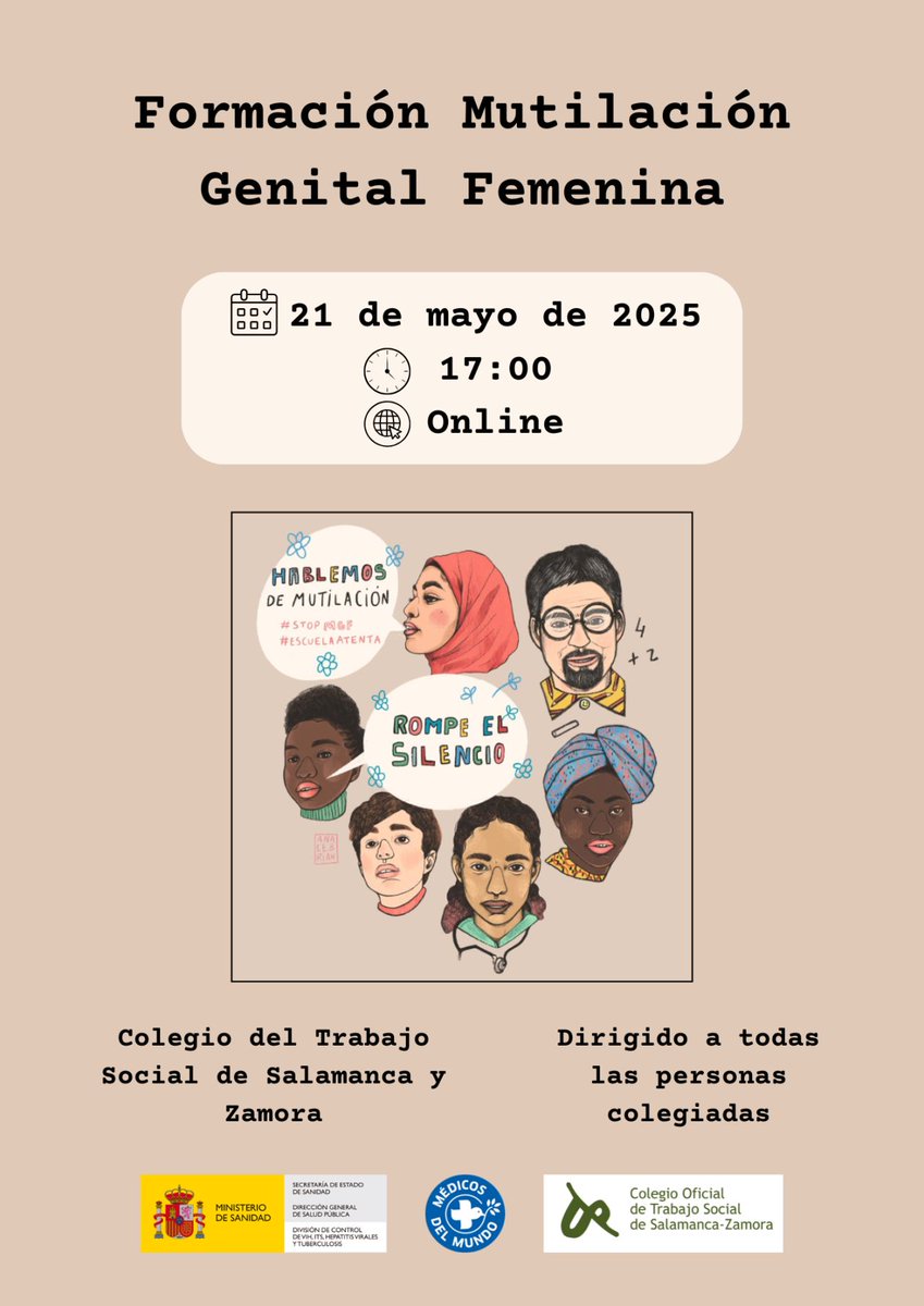 📢TALLER FORMATIVO GRATUITO
Este miércoles 21 de mayo a las 17h hablaremos sobre la #MutilaciónGenitalFemenina con <a href="/MedicosdelMundo/">Médicos del Mundo</a>
El link ya en tu correo si eres colegiad@ del <a href="/COTSSaZa/">COTSSalamanca-Zamora</a>  
Si a ti también te interesa, escribe a salamanca@cgtrabajosocial.es y pídenoslo