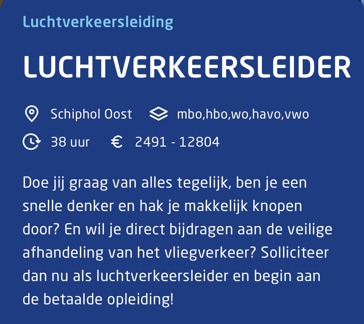 Toch het verkeerde beroep gekozen. 🙃
Als luchtverkeersleider kun je €12804 per maand verdienen.