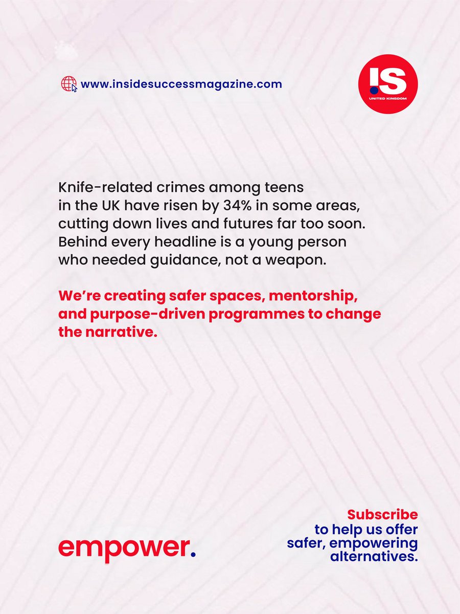 insidesuccessuk's tweet photo. “They needed guidance, not a weapon.”
Knife crimes are rising in the UK, cutting young lives short. But behind the stats are real people, teens who needed mentorship, purpose and opportunity.
Inside Success is changing the narratives. #youthempowerment #insidesuccess https://t.co/BFaKRPnQ1T