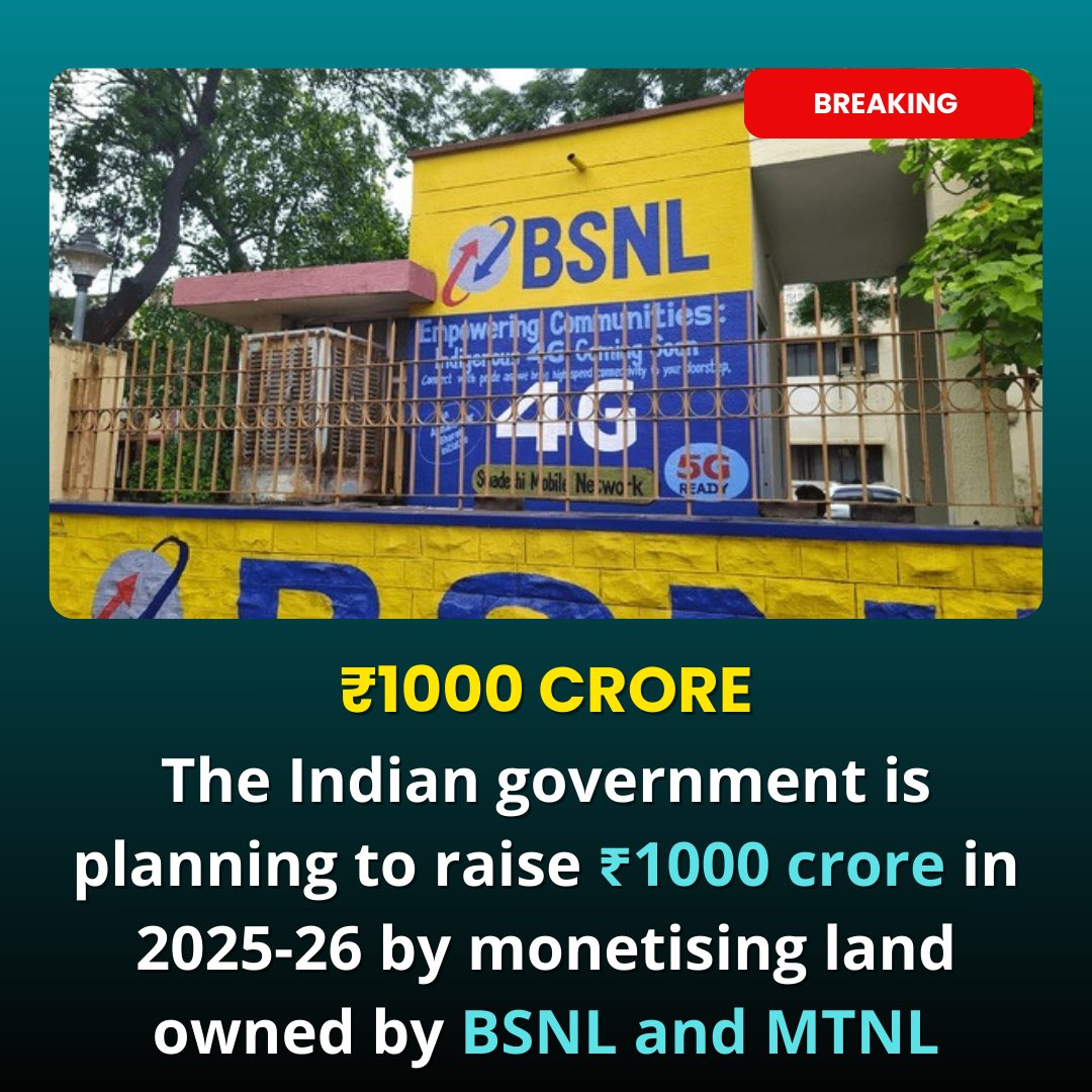 thenewsboxtamil's tweet photo. The Indian government is planning to raise ₹1000 crore in 2025-26 by monetising land parcels owned by BSNL and MTNL

#bsnl #india  #BSNL4G #BreakingNews #Update https://t.co/W0oVupKgPK