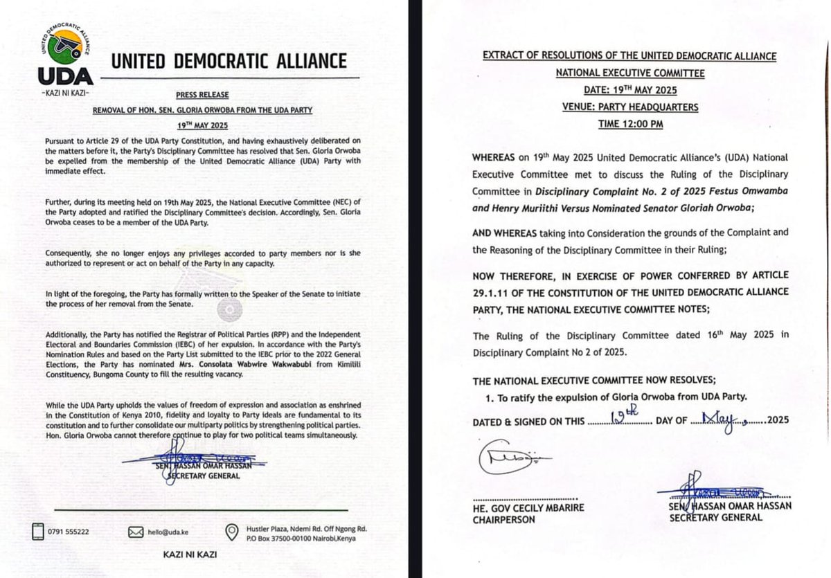 UDA Party expels Sen. Gloria Orwoba effective 19th May 2025, following a Disciplinary Committee ruling. Orwoba loses all party privileges as per Article 29, 11.1 of the UDA Constitution. Party also nominates Consolata Wabwire Wakwabubi for the vacant Senate seat.