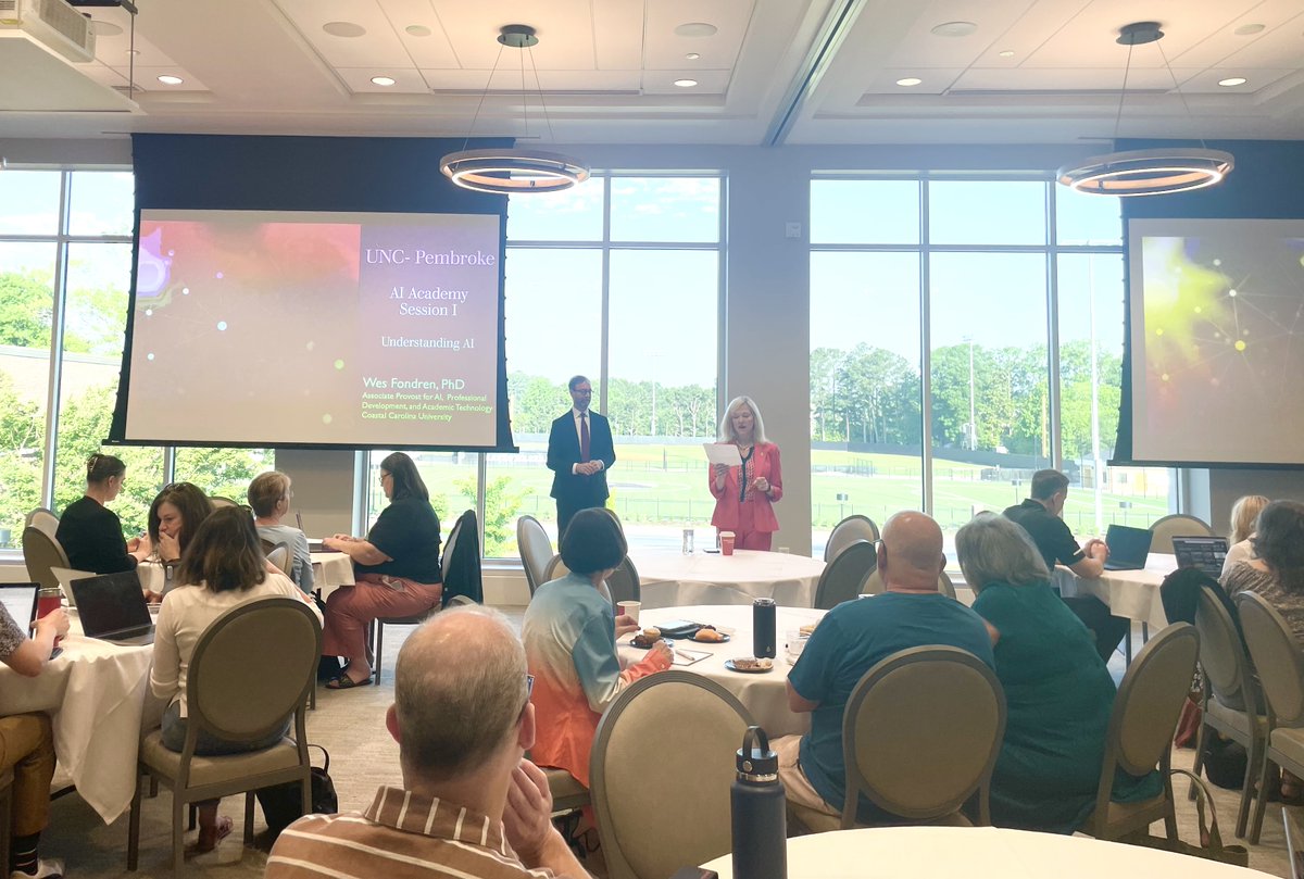 UNCP_GradSchool's tweet photo. Big thanks to Dr. Wes Fondren for sharing insights on the evolution of AI with our UNCP faculty, department chairs, and staff. We're committed to staying ahead, learning how to guide our students through this rapidly changing tech landscape. 💡 #AI #Education #BraveNation https://t.co/hopjLvML1p