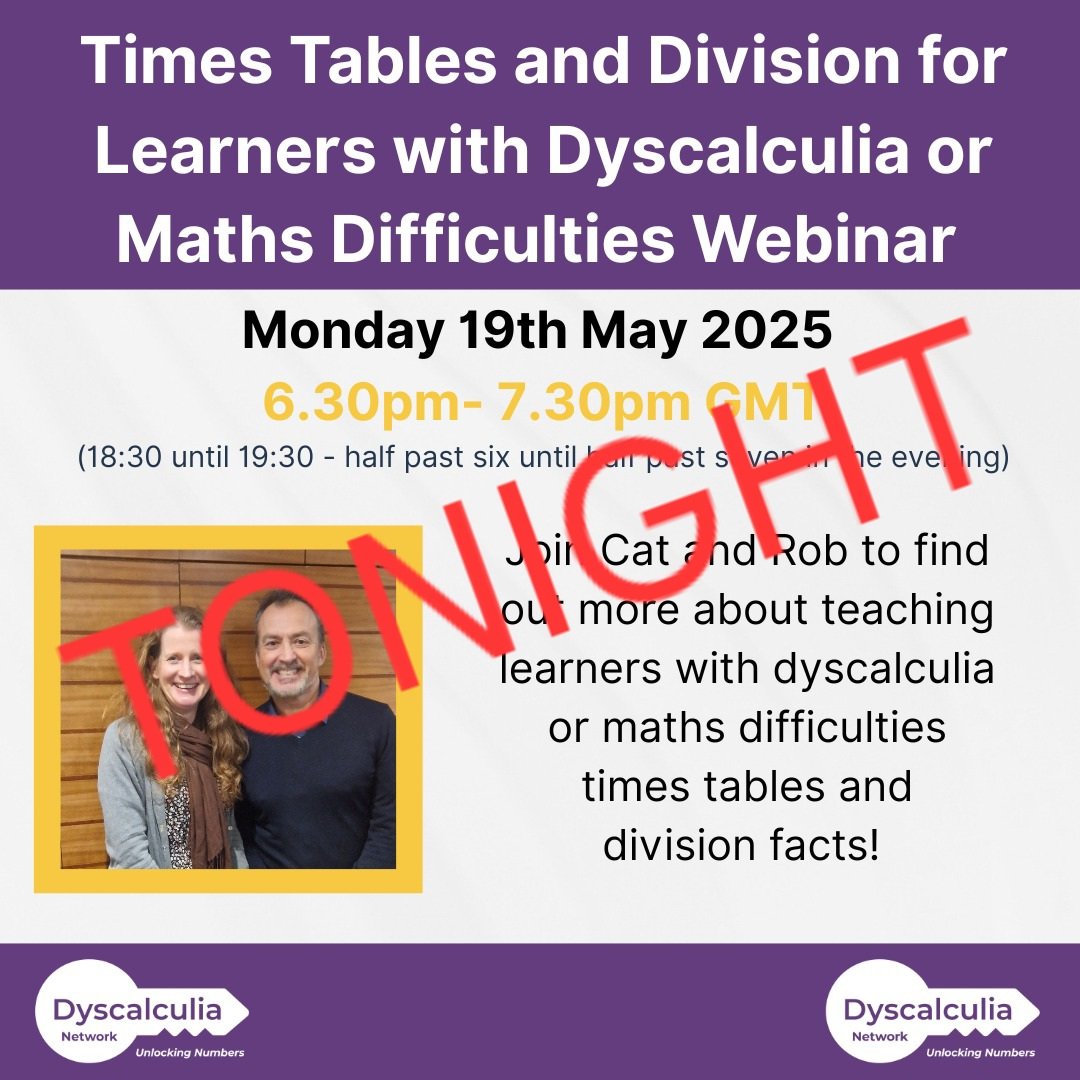 DyscalculiaNet1's tweet image. It's tonight! Looking forward to seeing you there!
#Dyscalculia #mathsdifficulties #timestables #mathsteacher
eventbrite.com/e/times-tables…