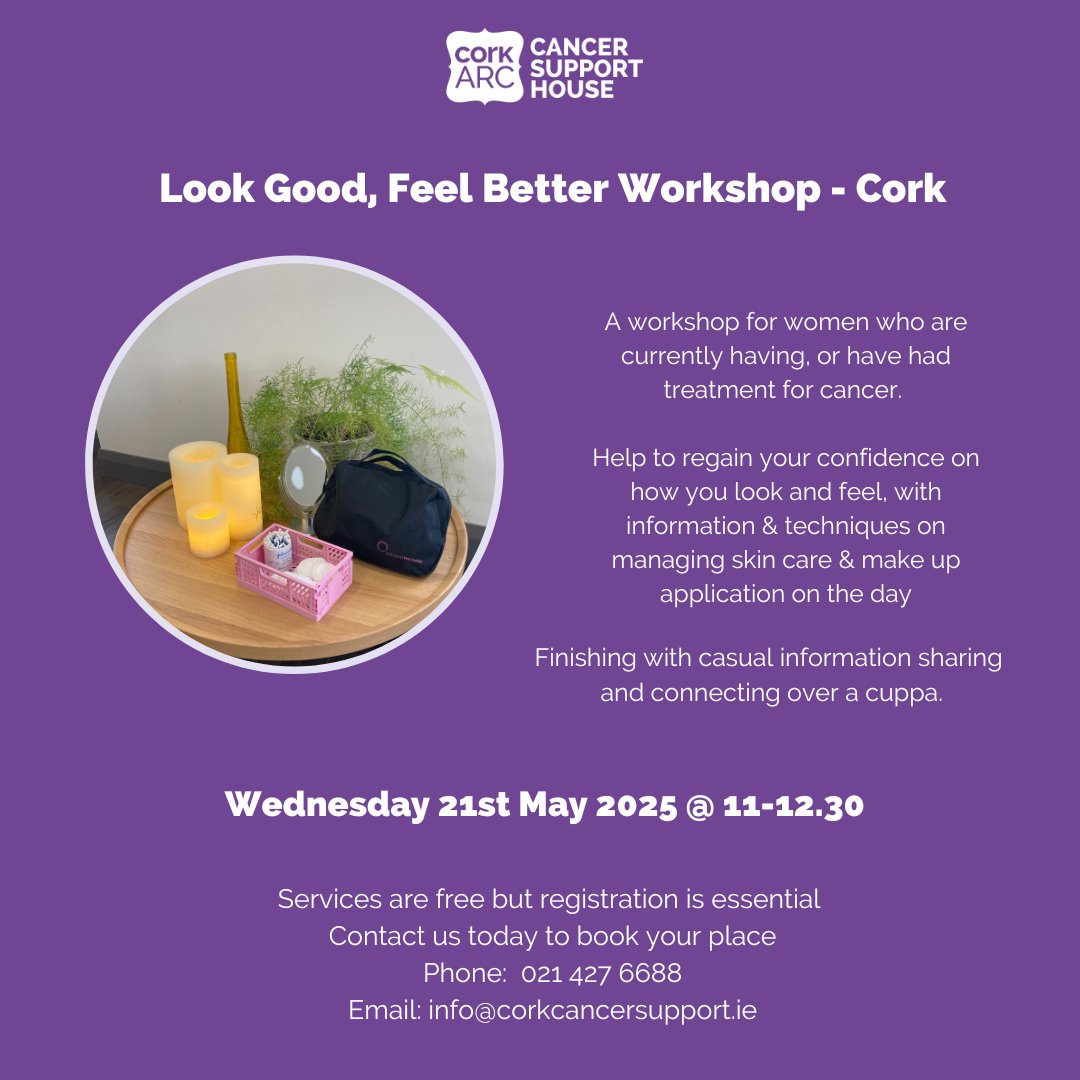 Cork ARC Cancer Support House (@corkarccancer) on Twitter photo We are delighted to be hosting another 'Look Good, Feel Better' here at Cork ARC in Sarsfield Road this Wednesday, 21st May.
Registration is essential for this FREE workshop, so please contact us today to book your place!!
Phone 021 427 6688 or Email info@corkcancersupport.ie We are delighted to be hosting another 'Look Good, Feel Better' here at Cork ARC in Sarsfield Road this Wednesday, 21st May.
Registration is essential for this FREE workshop, so please contact us today to book your place!!
Phone 021 427 6688 or Email info@corkcancersupport.ie
