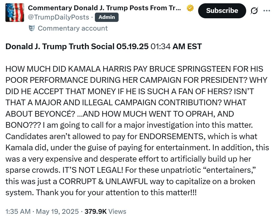Who lives in Trump's head?
Bono.
Oprah.
Obama.
Beyoncé.
Joe Biden.
Taylor Swift.
Kamala Harris.
Bruce Springsteen.

What does not live in Trump's head?
How to do something legal.
How to stop inflation.
How to create jobs.
How to end wars.
How to spell.
Brain cells.