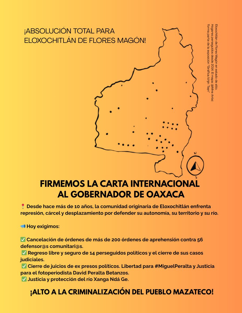 Elox_floresmagon (@eloxmagon) on Twitter photo La ALERTA CONTINÚA.
Vamos afirmar esta carta hasta el 15 de junio: docs.google.com/forms/d/e/1FAI…
Logremos que el gobernador <a href="/salomonj/">Salomón Jara Cruz</a> asuma su obligación de dar fin a la criminalización contra la comunidad de Eloxochitlán de Flores Magón #Oaxaca
<a href="/CIDH/">CIDH - IACHR</a> <a href="/IACourtHR/">Inter-American Court of Human Rights</a> <a href="/ONUDHmexico/">ONU-DH México</a> La ALERTA CONTINÚA.
Vamos afirmar esta carta hasta el 15 de junio: docs.google.com/forms/d/e/1FAI…
Logremos que el gobernador <a href="/salomonj/">Salomón Jara Cruz</a> asuma su obligación de dar fin a la criminalización contra la comunidad de Eloxochitlán de Flores Magón #Oaxaca
<a href="/CIDH/">CIDH - IACHR</a> <a href="/IACourtHR/">Inter-American Court of Human Rights</a> <a href="/ONUDHmexico/">ONU-DH México</a>