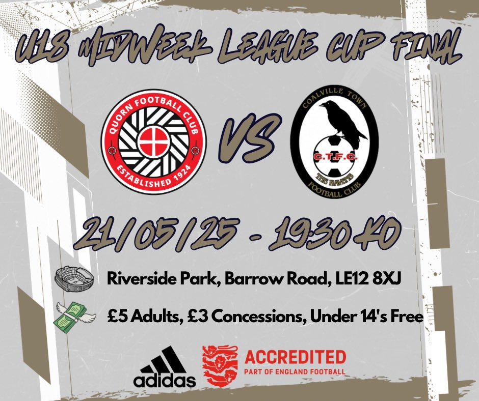 🚨Midweek U18 League Cup Final!🚨

This Wednesday sees us represented in the Midweek Floodlit League Cup Final for the very first time! All support from fans is much appreciated on the night!

See you all there!⚫️⚪️
