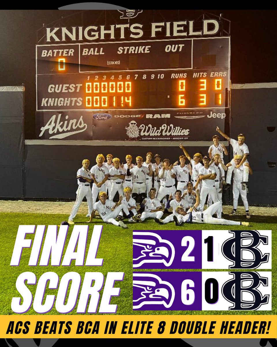 ACS_Eagle's tweet image. EAGLES BASEBALL ➡️ FINAL FOUR! 🦅⚾
ACS sweeps Bethlehem Christian!
Game 1: 2–1 win, Keaton Westbrook throws 7, Jasper House hits clutch HR.
Game 2: 6–0 shutout, JB Rodgers dominant, Brooks &amp;amp; Wilkins with key RBIs.
Next: First Pres Day Friday in Macon!
#ACSEagles