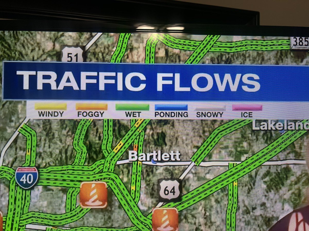 JWo1855's tweet photo. Hey @FOX13Memphis, is it possible to fix  the traffic flow colors so they match the actual flow?🤷‍♂️ 
According to the chart, ALL the roads are wet, with a couple of foggy &amp; windy spots near Bartlett.
@CChandlerTV https://t.co/JIvdK95N0L