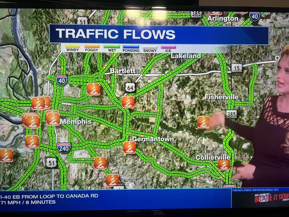 JWo1855's tweet photo. Hey @FOX13Memphis, is it possible to fix  the traffic flow colors so they match the actual flow?🤷‍♂️ 
According to the chart, ALL the roads are wet, with a couple of foggy &amp; windy spots near Bartlett.
@CChandlerTV https://t.co/JIvdK95N0L