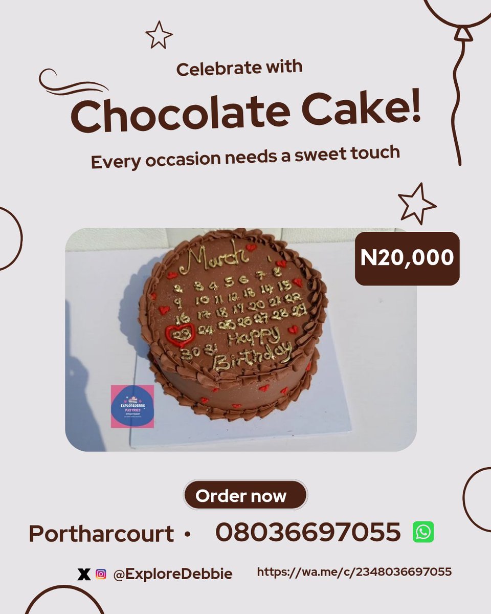 ExploreDebbie PH๐ณ๐ฌ (@exploredebbie) on Twitter photo ๐ซ Say it with Chocolate!
Thereโs chocolate cakeโand then thereโs <a href="/ExploreDebbie/">P.H - Cake | Small Chops | FoodTray | Gifts & more</a> Chocolate Cake๐ค
Moist. Rich. Beautiful. Unforgettable.
โจ Perfect for birthdays, milestones & sweet surprises
๐Our Chocolate Calendar Cake (โฆ20,000)
๐ Port Harcourt only
๐ 08036697055 ๐ซ Say it with Chocolate!
Thereโs chocolate cakeโand then thereโs <a href="/ExploreDebbie/">P.H - Cake | Small Chops | FoodTray | Gifts & more</a> Chocolate Cake๐ค
Moist. Rich. Beautiful. Unforgettable.
โจ Perfect for birthdays, milestones & sweet surprises
๐Our Chocolate Calendar Cake (โฆ20,000)
๐ Port Harcourt only
๐ 08036697055