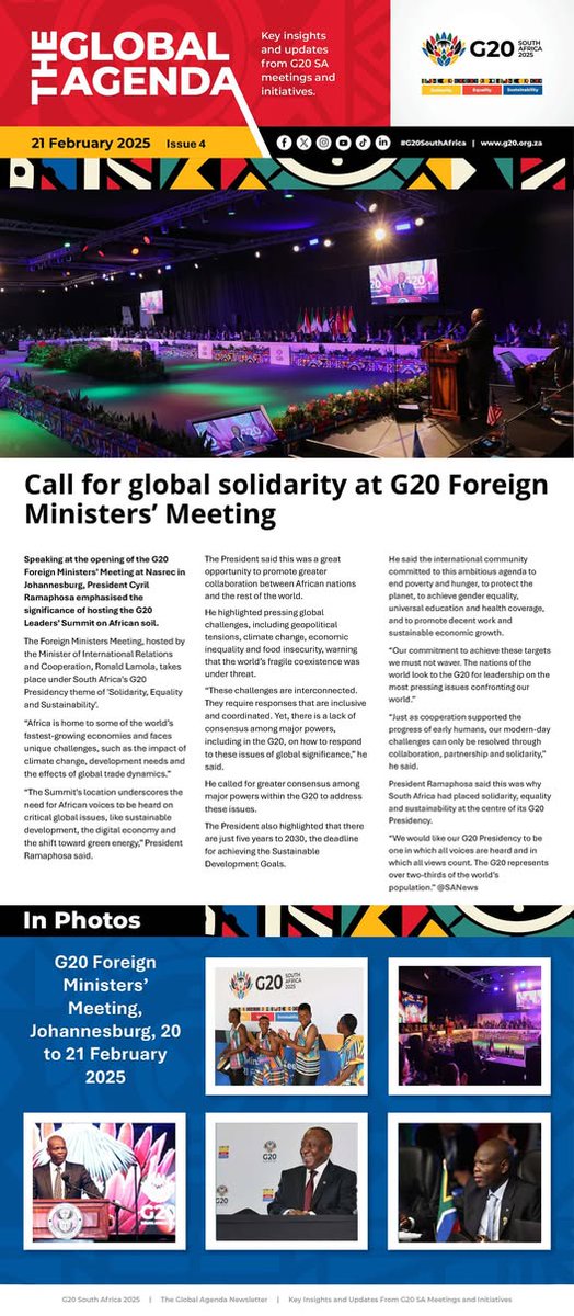 Key insights and updates from #G20 SA meetings and initiatives.
Call for global solidarity at G20 Foreign Ministers’ Meeting #G20SouthAfrica
