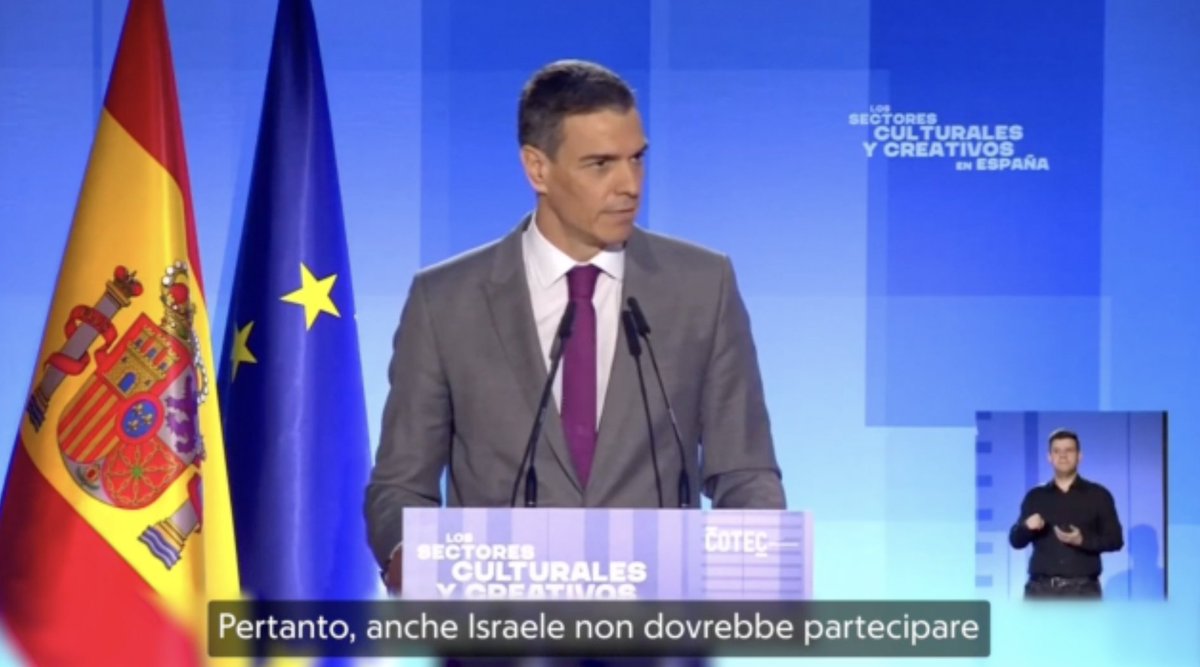 trash_italiano's tweet photo. Il premier spagnolo Pedro Sanchez ha chiesto l'esclusione di Israele dall'Eurovision.

"Nessuno si è messo le mani nei capelli quando è iniziata l'invasione dell'Ucraina e si è chiesta l'esclusione della Russia da competizioni come Eurovision. Anche Israele non dovrebbe partecipare: non possiamo permettere doppi standard, nemmeno nella cultura".