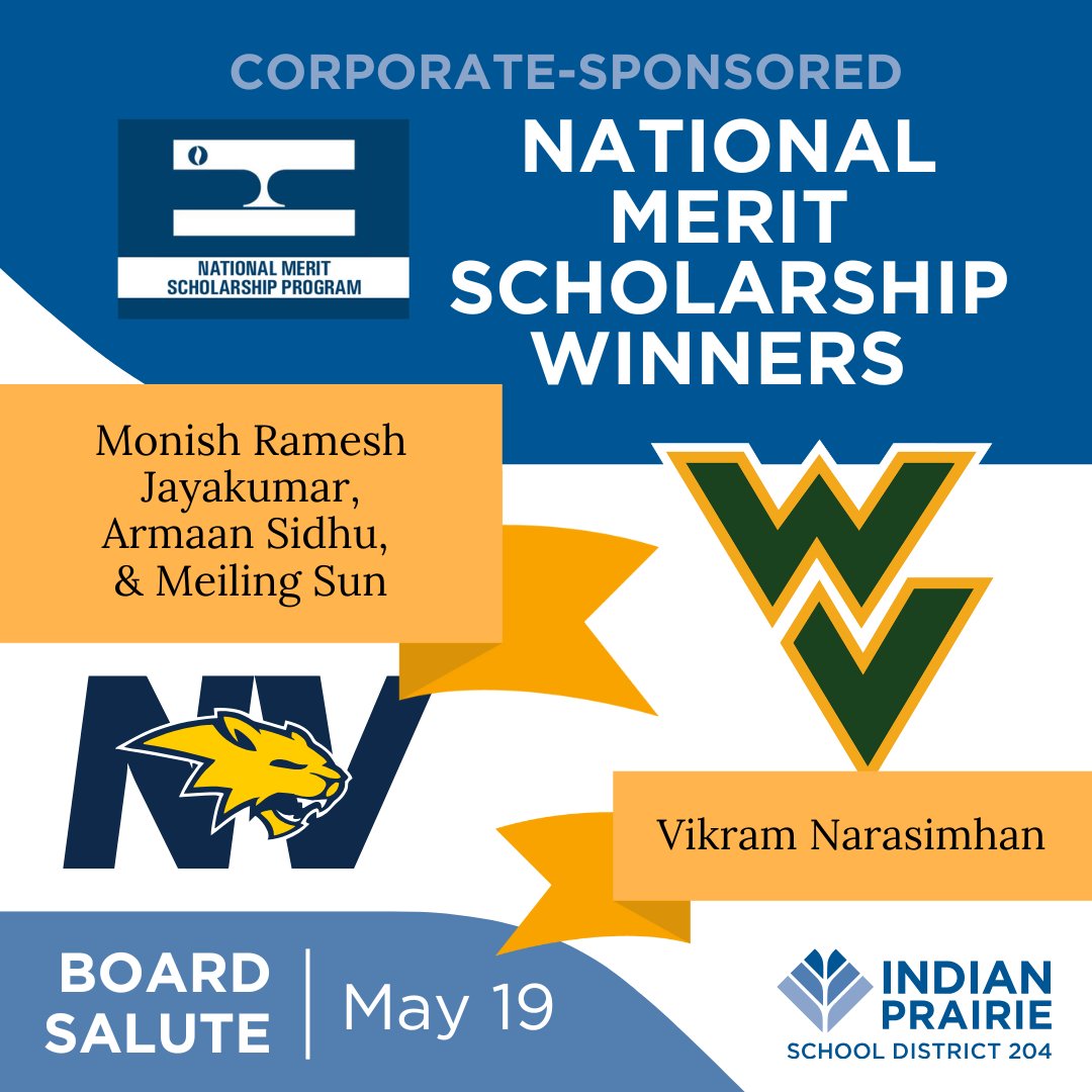 Indian Prairie 204 (@ipsd204) on Twitter photo Congratulations to Monish Ramesh Jayakumar, Armaan Sidhu, and Meiling Sun from Neuqua Valley, and Vikram Narasimhan from Waubonsie Valley who were awarded National Merit Corporate Sponsored Scholarships. <a href="/NeuquaValley/">Neuqua Valley High School</a> <a href="/WaubonsieValley/">Waubonsie Valley HS</a> #boardsalute Congratulations to Monish Ramesh Jayakumar, Armaan Sidhu, and Meiling Sun from Neuqua Valley, and Vikram Narasimhan from Waubonsie Valley who were awarded National Merit Corporate Sponsored Scholarships. <a href="/NeuquaValley/">Neuqua Valley High School</a> <a href="/WaubonsieValley/">Waubonsie Valley HS</a> #boardsalute