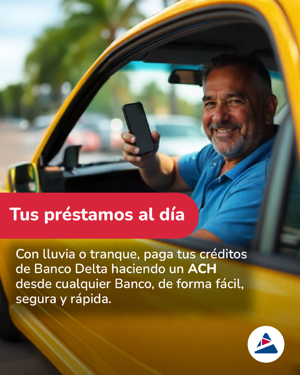 ¡Qué nada detenga tus pagos! ✅
¿Lluvia o tranque? 🌧️🚗 Mantén tus créditos de Banco Delta al día realizando un ACH desde cualquier banco. ¡Fácil, ágil y rápido!