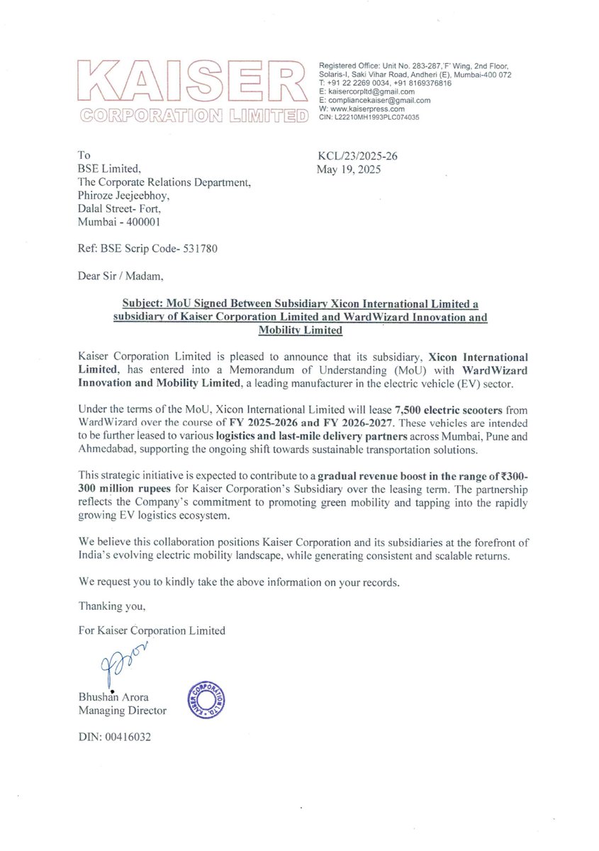 stocknewslatest's tweet image. #KACL Kaiser Corporation Ltd. announces subsidiary Xicon International Ltd. signed an MoU with WardWizard to lease 7,500 electric scooters over two fiscal years. The vehicles will support sustainable last-mile delivery and are expected to generate revenue for the subsidiary.