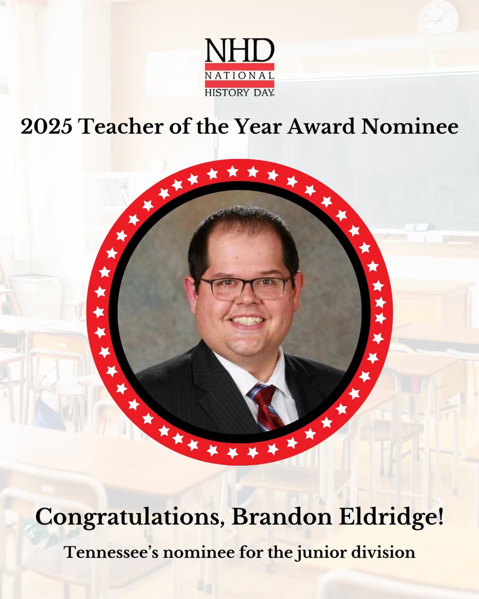 Congratulations to Central's Brandon Eldridge!

Mr. Edlridge was nominated as the junior division representative for the state of Tennessee. 

Read more here: 
National History Day® (NHD) is proud to announce the teachers honored as the 2025 National History Day Teacher of the