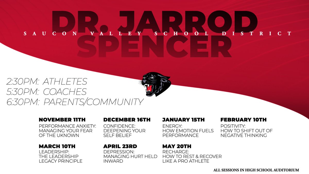 Tuesday 5/20:  Join us for our final presentation by Dr. Jarrod Spencer entitled  Recharge:  How to Rest &amp; Recover Like a Pro Athlete.  HS Auditorium:  Athletes 2:30pm - Parents/Community 6:30pm