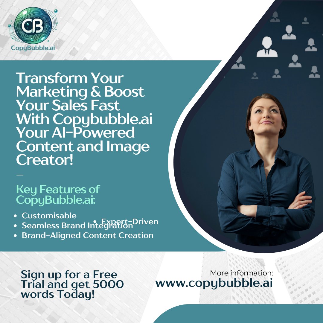 Supercharge your content game with CopyBubble!  
Create posts, blogs &amp; emails using just text commands.  
Faster writing, high-quality results, and more engagement.  
CopyBubble is my go-to tool for client projects! Sarah, 
Try CopyBubble free copybubble.ai