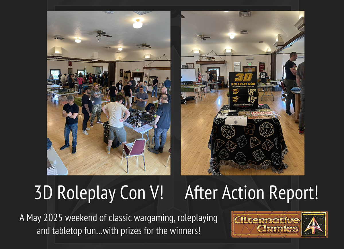 After Action Report! 3D Roleplay Con V! Two days of 80’s wargaming, roleplaying and fun sponsored by #alternativearmies  Tables for Warhammer, Kryomek, Shadowrun, Rogue Trader and many more.  #wargaming #tabletopgaming #oldhammer shorturl.at/KM068