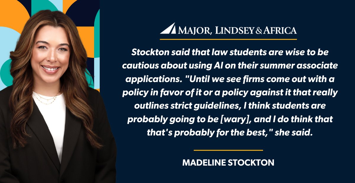 Have you used AI for work tasks? Should law students use it for resumes and cover letters? Madeline Stockton shares insights with Law360 Pulse on AI's role in applying for summer associate positions.
bit.ly/43l1ECb

#mlaglobal #AI #lawstudent #careeradvice #associate