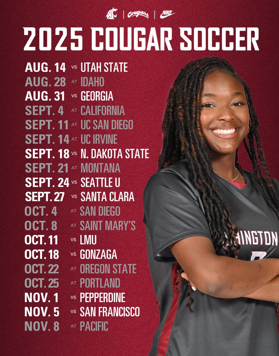 The 2025 Cougar Soccer schedule is here! Cougs will play nine home games with at least 14 matches carried on ESPN+

📅 wsucougars.com/sports/womens-…

#GoCougs