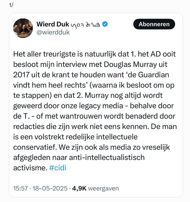 Chris Klomp (@chrisklomp) on Twitter photo Leuke poging, <a href="/wierdduk/">Wierd Duk ܦܝܪܬ ܕܘܟ</a>. Klein probleempje: ik was er bij toen je stuk geweigerd werd. Omdat Murray te rechts was? 100% een leugen. Het stuk werd geweigerd omdat de auteur (jij dus) totaal kritiekloos was. Letterlijke woorden Hans Nijenhuis (toen hoofdredacteur): 'Ik vind het Leuke poging, <a href="/wierdduk/">Wierd Duk ܦܝܪܬ ܕܘܟ</a>. Klein probleempje: ik was er bij toen je stuk geweigerd werd. Omdat Murray te rechts was? 100% een leugen. Het stuk werd geweigerd omdat de auteur (jij dus) totaal kritiekloos was. Letterlijke woorden Hans Nijenhuis (toen hoofdredacteur): 'Ik vind het